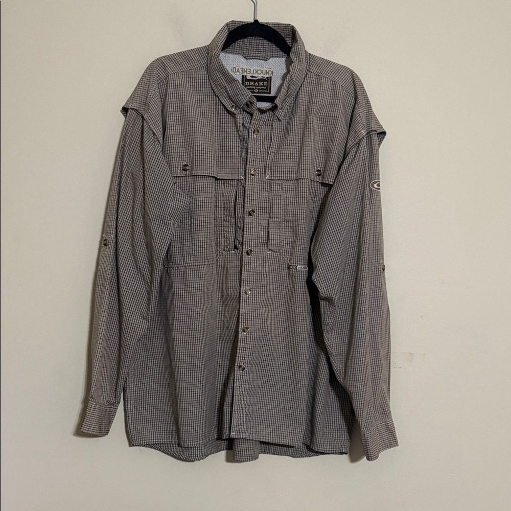 Drake Brown Checkered Shirt mens XL outdoor fishing camp casual long sleeves
